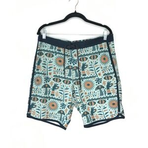 Jetty Atlantic Board Shorts Men's Size 33 Green Swim Trunks Unlined Mushrooms